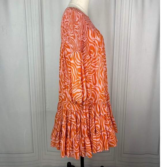 Cinq a Sept-Rika Mini Dress-Billow Sleeve/Animal Print -‎ Pink/Orange-Size 6 - Picture 6 of 16